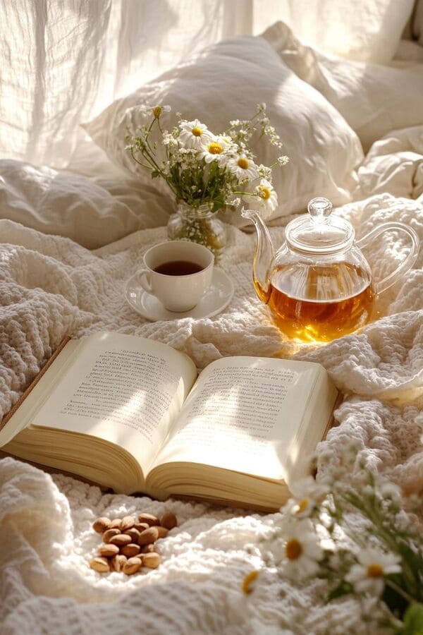 Chá quente e livro numa mesa, momento de relaxamento